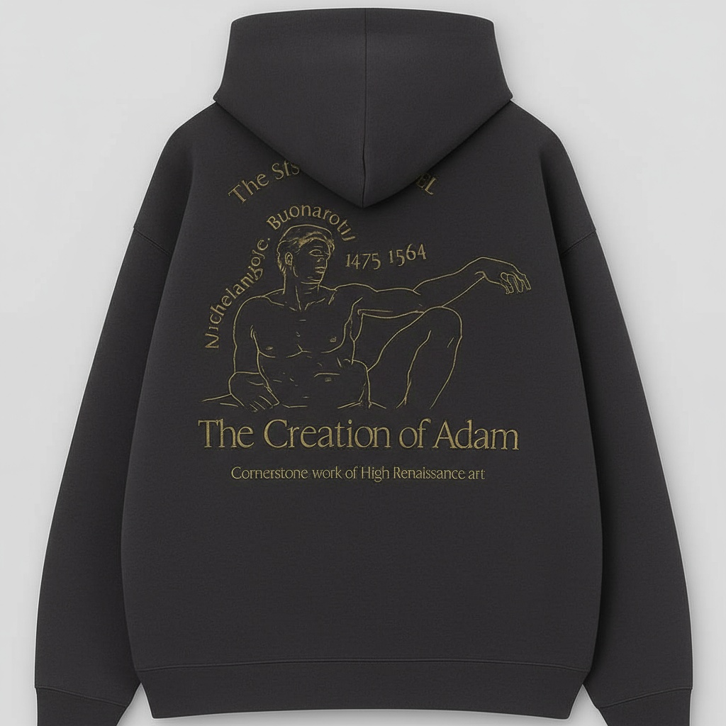 Pull & Bear- The Creation of Adam Graphic-Print Oversized Hoodie in Dark Grey